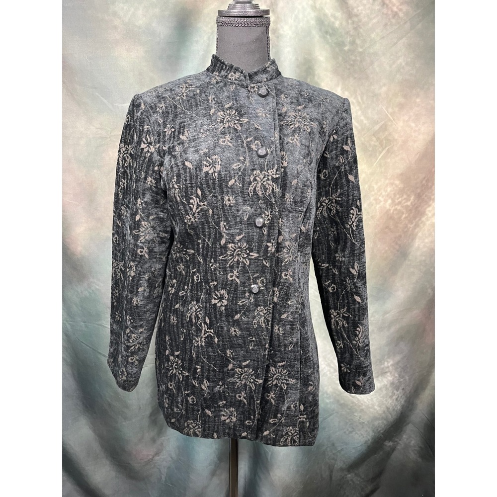 Coldwater Creek Floral Chenille Tapestry Blazer Mandarin Collar Gray Black 10